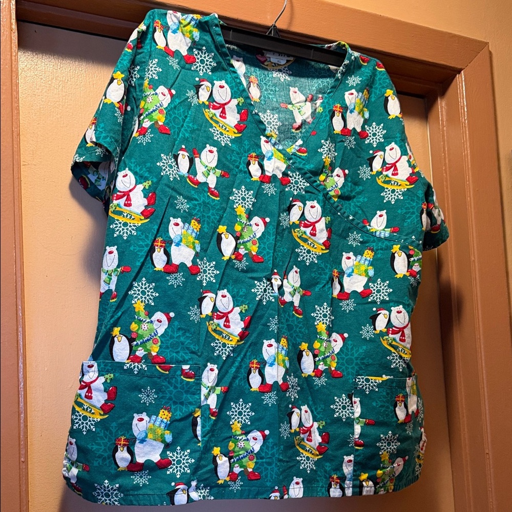 Festive Penguin Print Women's Scrub Top